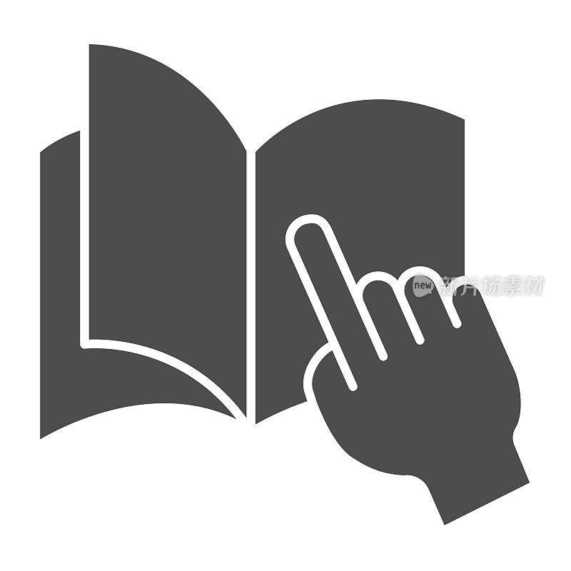 Palm points to a page in a notebook solid icon, concept, education open book with hand pointing sign on white background, palm and notebook icon in glyph style. Vector graphics.